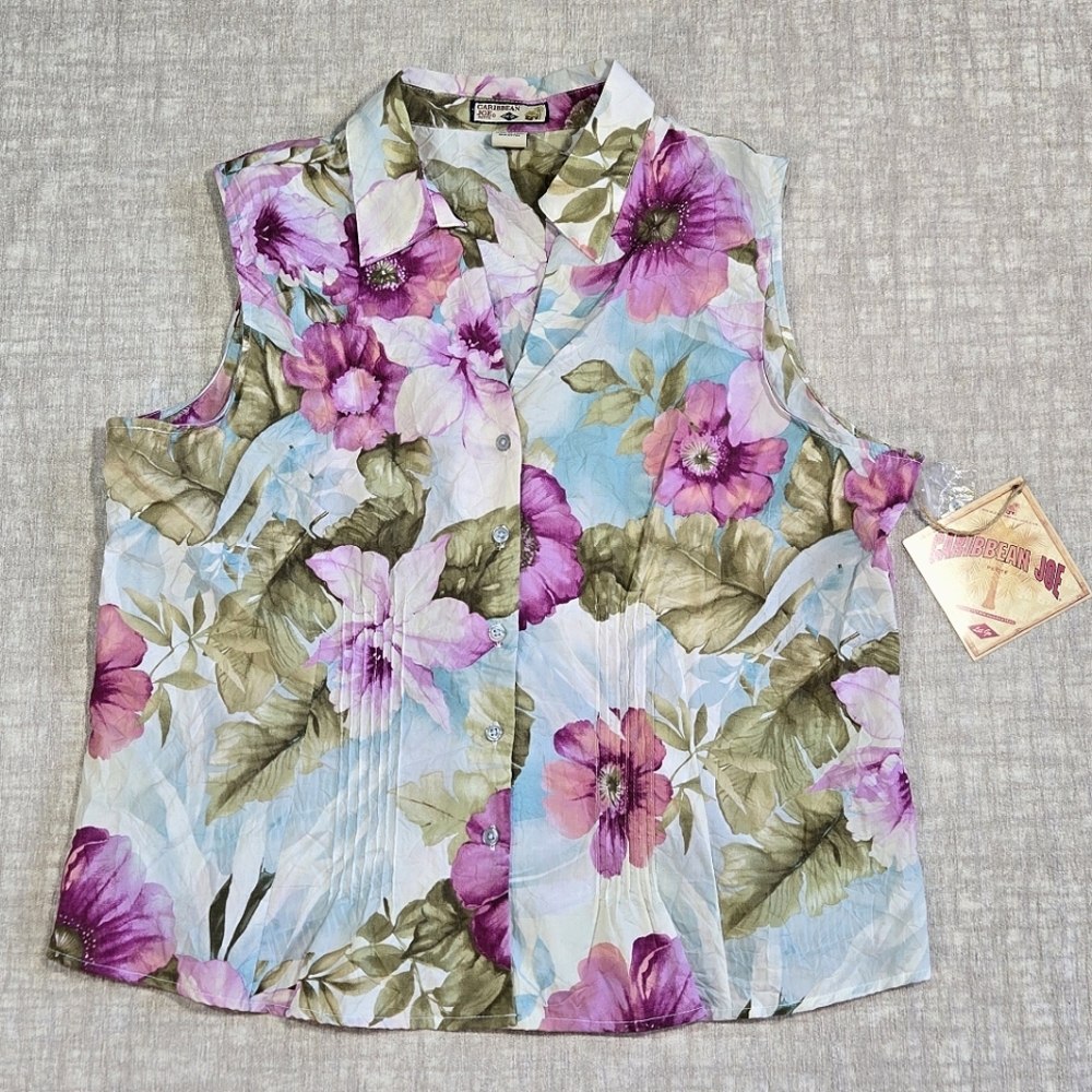 NWT Magenta, Green, Blue Caribbean Bay Petite Floral Sleeveless Blouse Size PXL